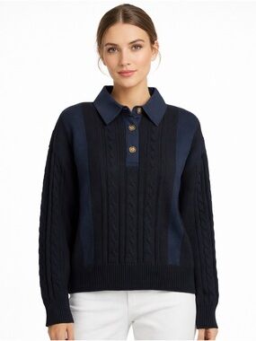 YAL New York Cable Knit Collared Button Sweater Navy XL NWT Textured Pullover